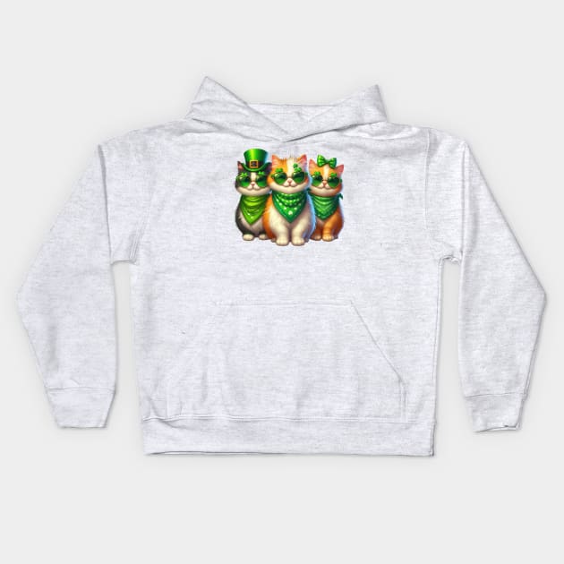 St Patricks Day Trio of Cats Kids Hoodie by Chromatic Fusion Studio